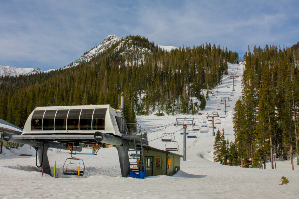 Empty chairlift in Taos Ski Valley in Taos New Mexico on a sunny day